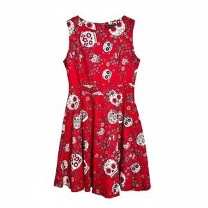 iHot Womens Red Sugar Skull Floral Fit and Flare Rockabilly Dress Sleeveless XL